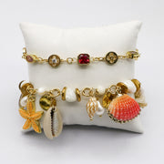 Coastal Glam Layered Bracelet Set with Red Gemstones and Tropical Charms [B164]