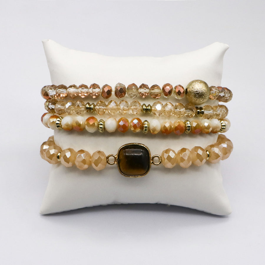 Boho Champagne Faceted Crystal Bracelets with Tiger Eye Charm [B171]