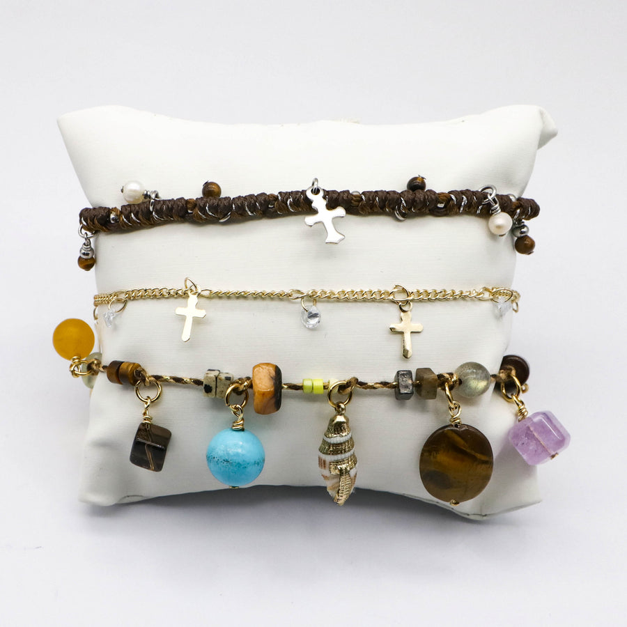 African-inspired Bracelet with Cross Charms and Natural Stones [B186]