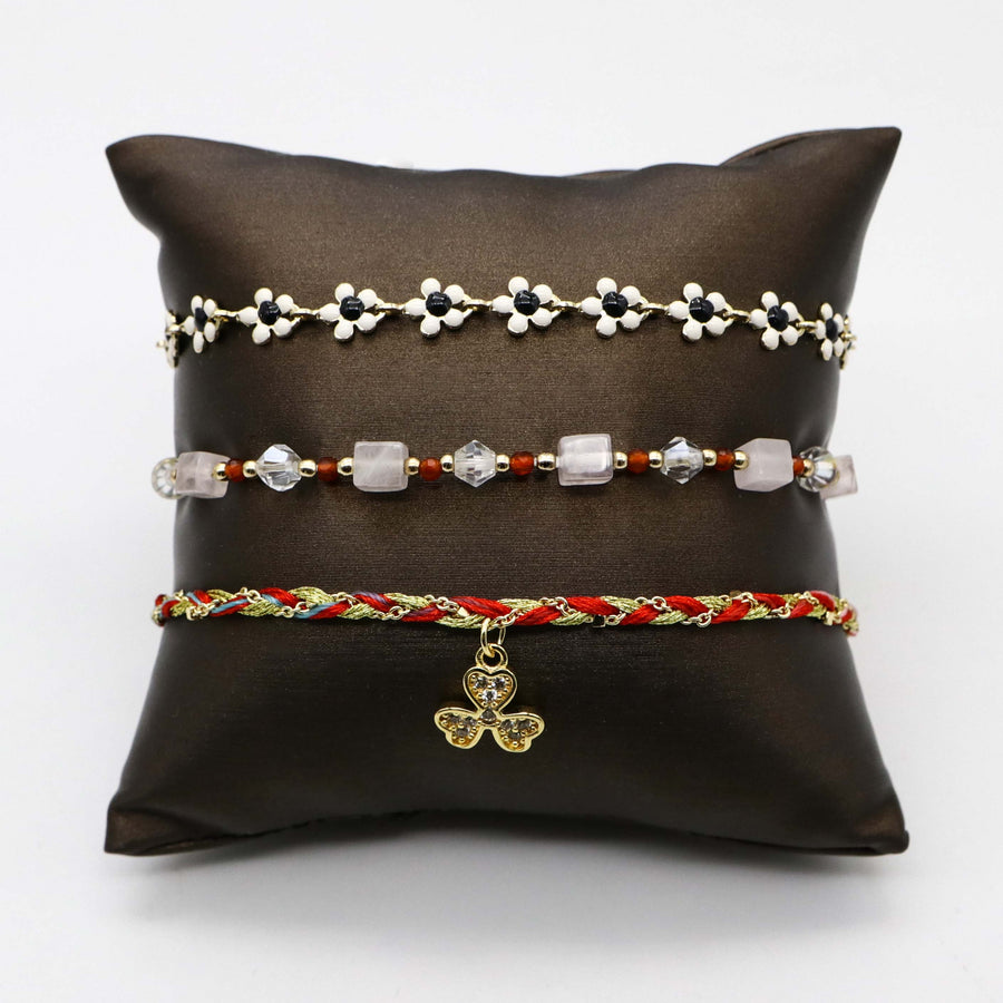 Bohemian Style Lucky Clover  Rose Quartz Cubic Bead Bracelet