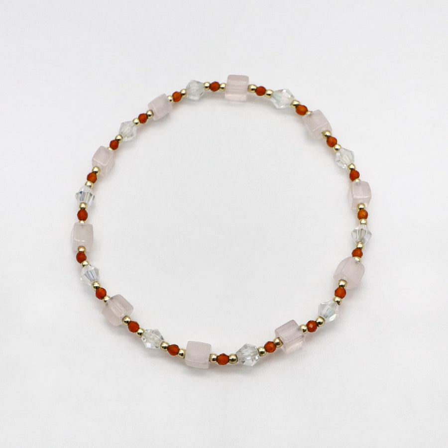 Bohemian Style Lucky Clover  Rose Quartz Cubic Bead Bracelet