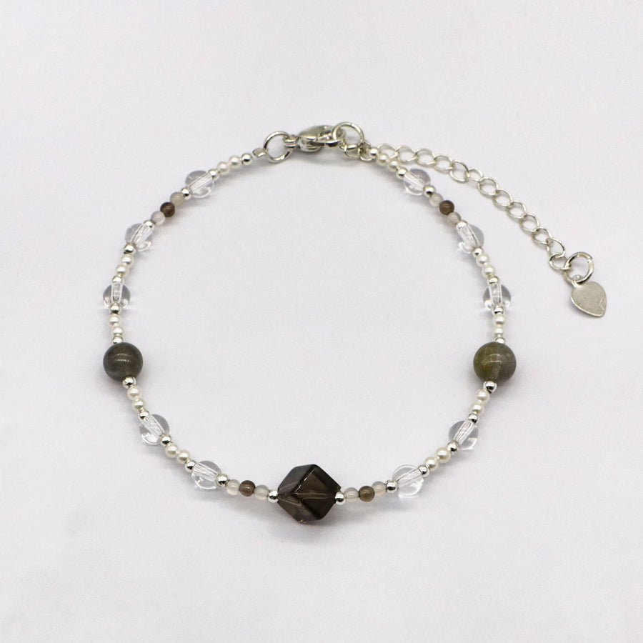 Minimalist Pearl and Smoky Quartz Stack Bracelet Set [B120]