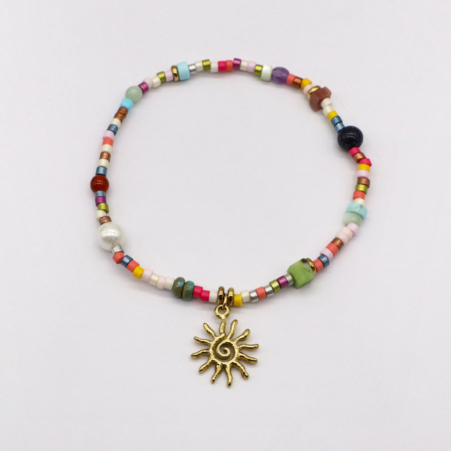 Colorful Glass Beads and Natural Stone Stainless Steel Bracelets with Cute Gold Charms [B130]