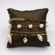 Boho Gold Stackable Bracelet Set with Natural Shell Beads and Conch Charms
