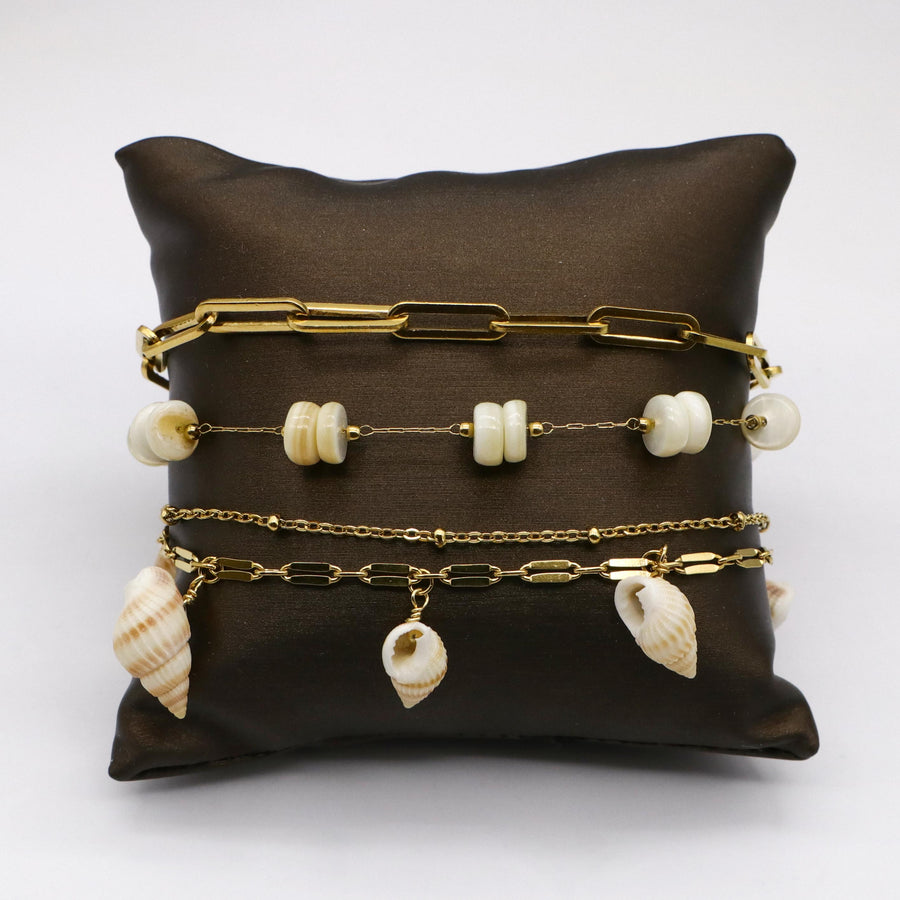 Boho Gold Stackable Bracelet Set with Natural Shell Beads and Conch Charms