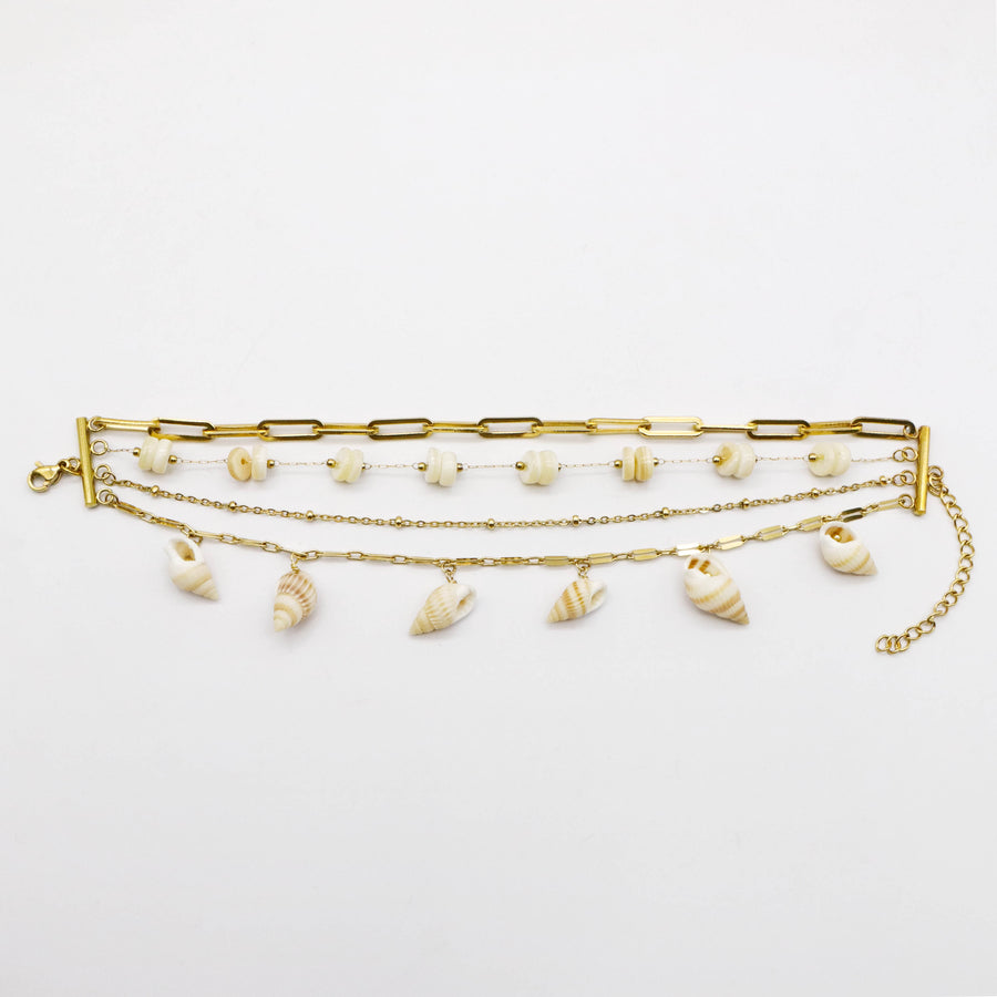 Boho Gold Stackable Bracelet Set with Natural Shell Beads and Conch Charms