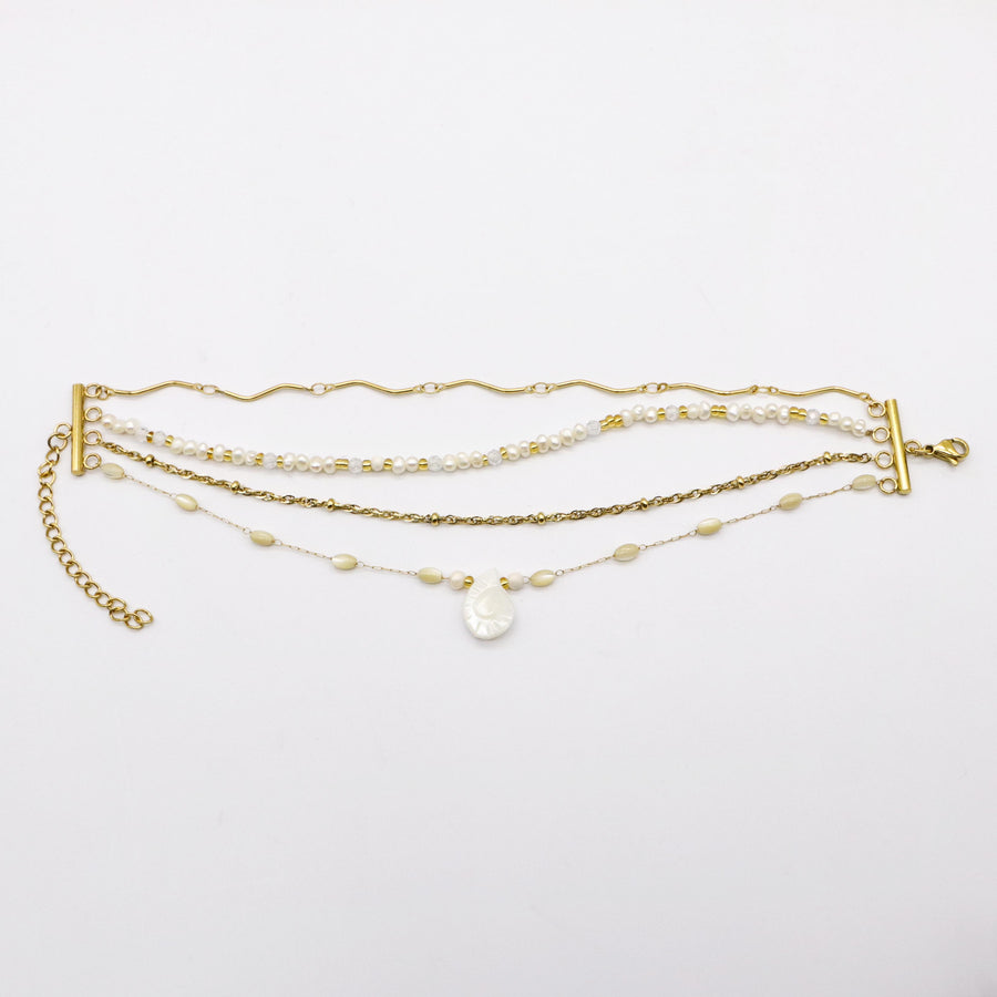 Exquisite Stainless Steel bracelet Decorated with Trochid Shell and Freshwater Pearls Set [B138]