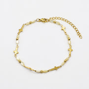 Stainless Steel With MOP Clover and Cross Gold Plated Layered Bracelet Set [B139]