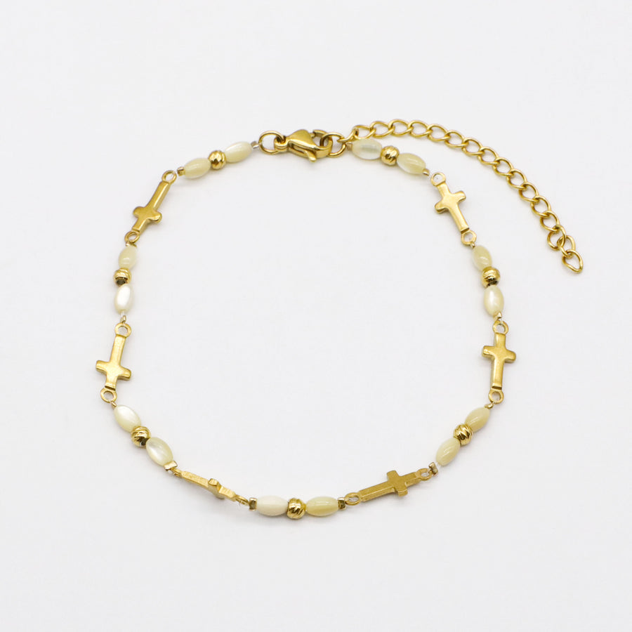 Stainless Steel With MOP Clover and Cross Gold Plated Layered Bracelet Set [B139]
