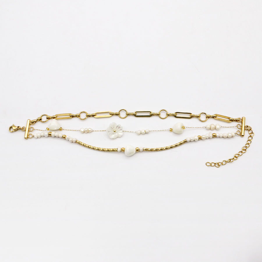 Boho Stainless Steel Gold Plated Stackable Bracelet Set with Mother of Pearl Flower [B140]