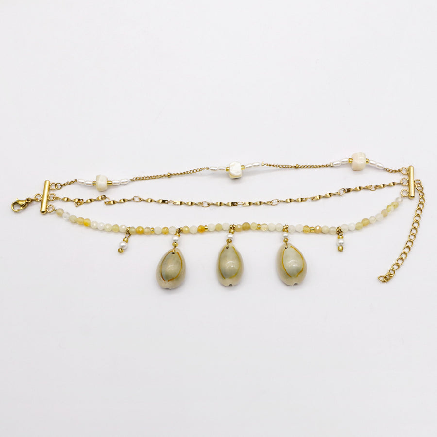 Summer Season Cowrie and Starfish Stainless Steel Gold Plated Layered Bracelet Set [B141]