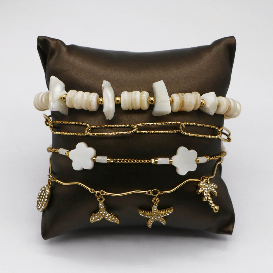 Shell and Tropical Charm Gold Layered Bracelet Stack Set