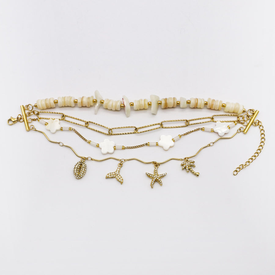 Shell and Tropical Charm Gold Layered Bracelet Stack Set