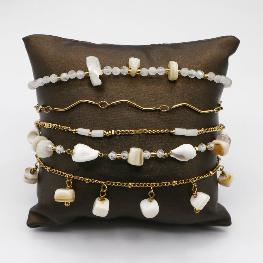 Shell and Tropical Charm Gold Plated Layered Bracelet Stack Set