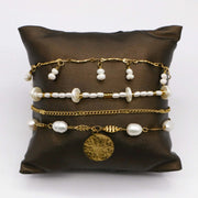 Pearl and Gold Disc Layered Bracelet Stack Set