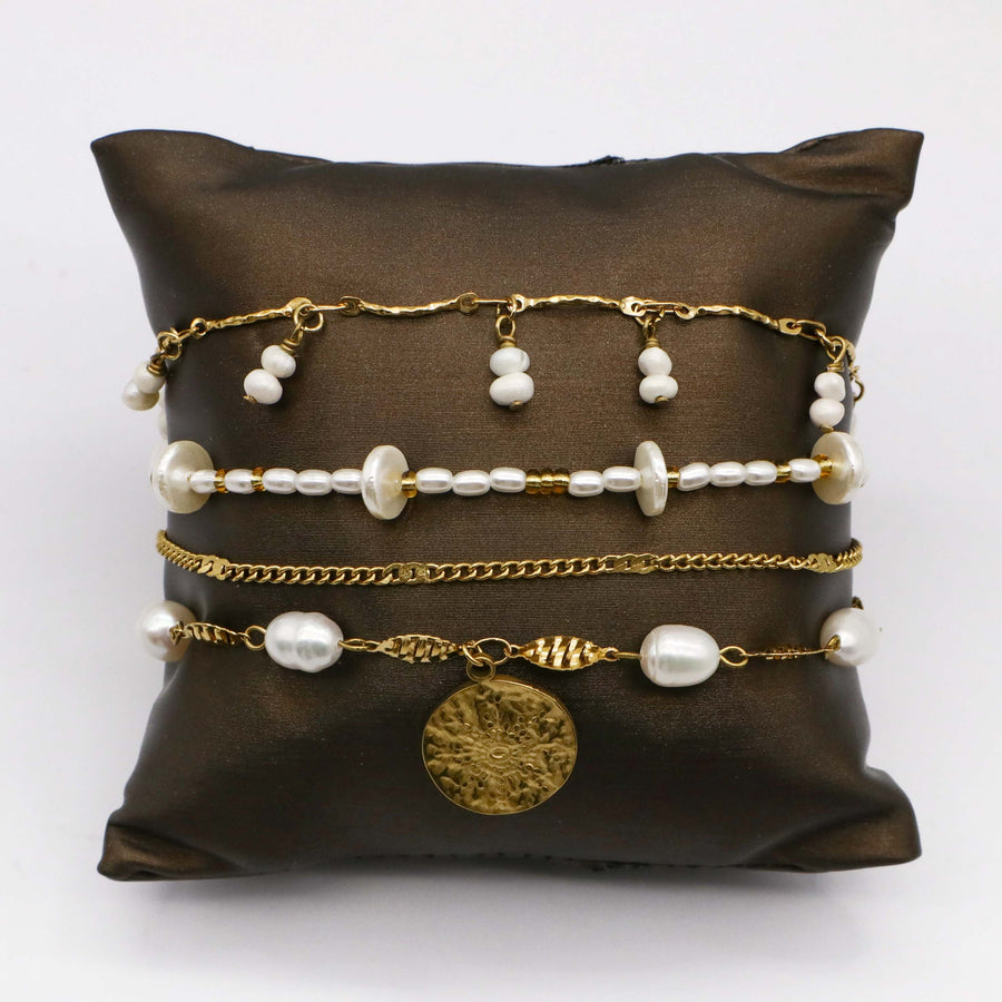 Pearl and Gold Disc Layered Bracelet Stack Set