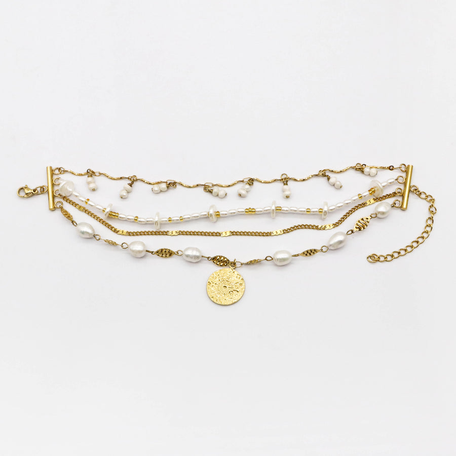 Pearl and Gold Disc Layered Bracelet Stack Set