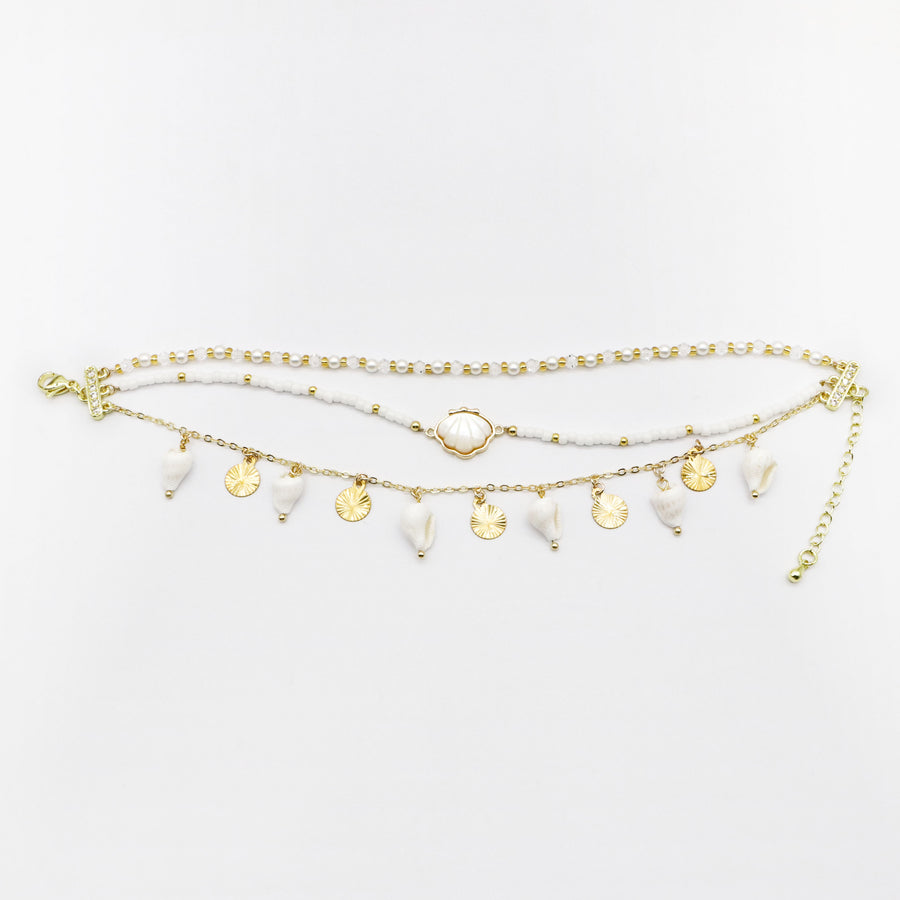 Shell and Pearl Gold Plated Layered Bracelet Stack Set [B143]