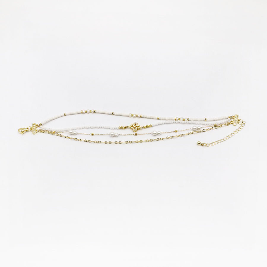 Clover and Pearl Gold Plated Layered Original Bracelet Stack Set [B144]