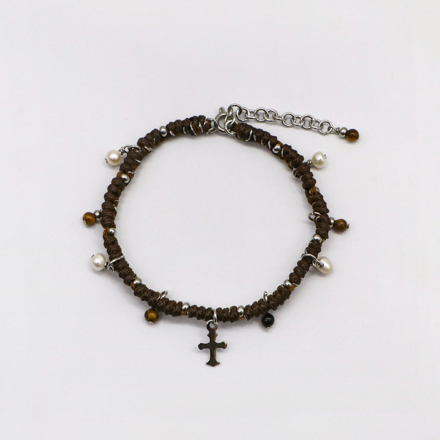 African-inspired Bracelet with Cross Charms and Natural Stones [B186]