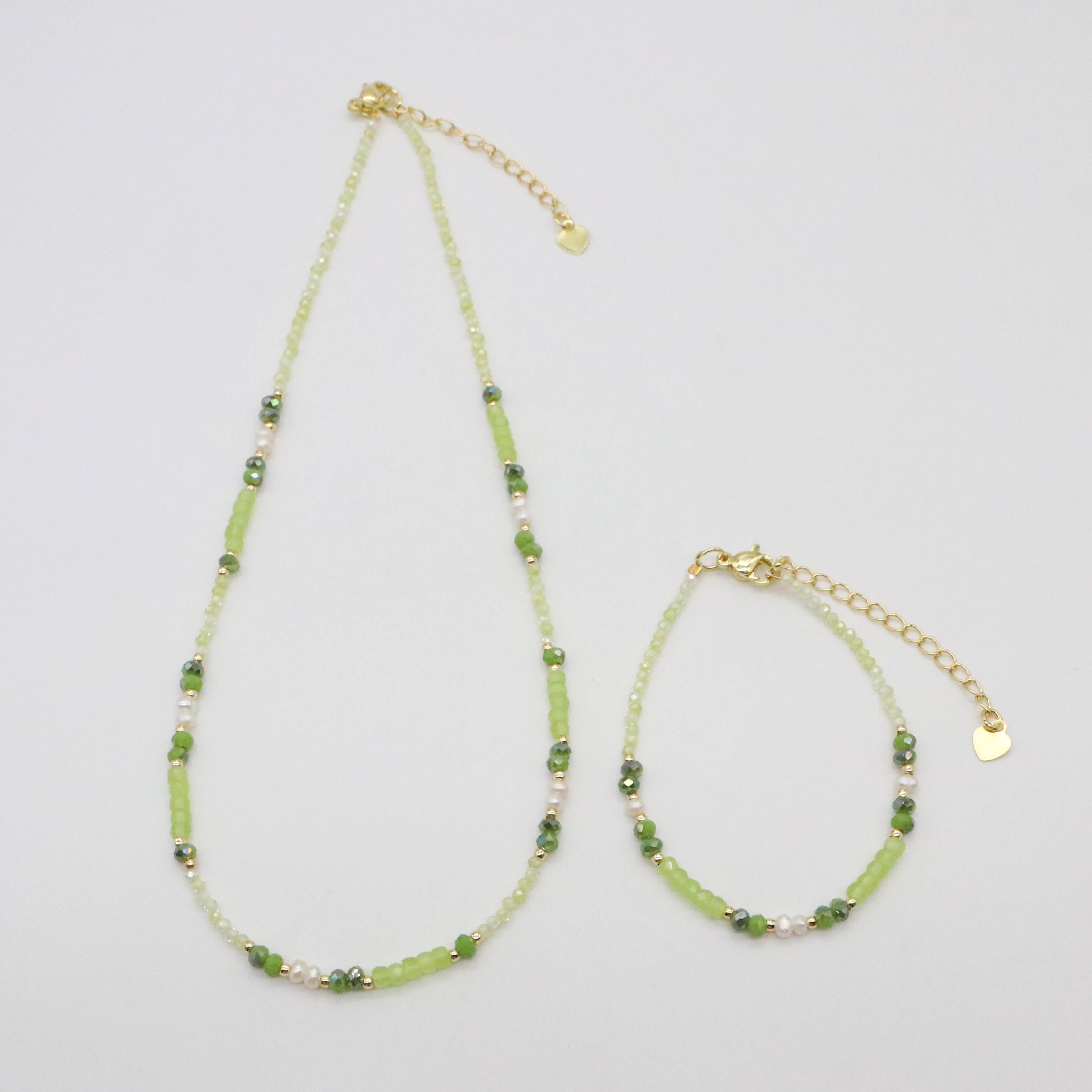 Fashion 2mm Faceted Green Zircon And pearl Necklace & Bracelet Set