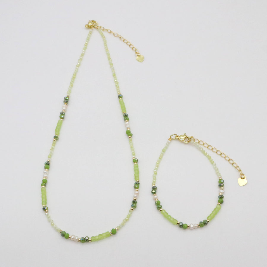 Fashion 2mm Faceted Green Zircon And pearl Necklace & Bracelet Set