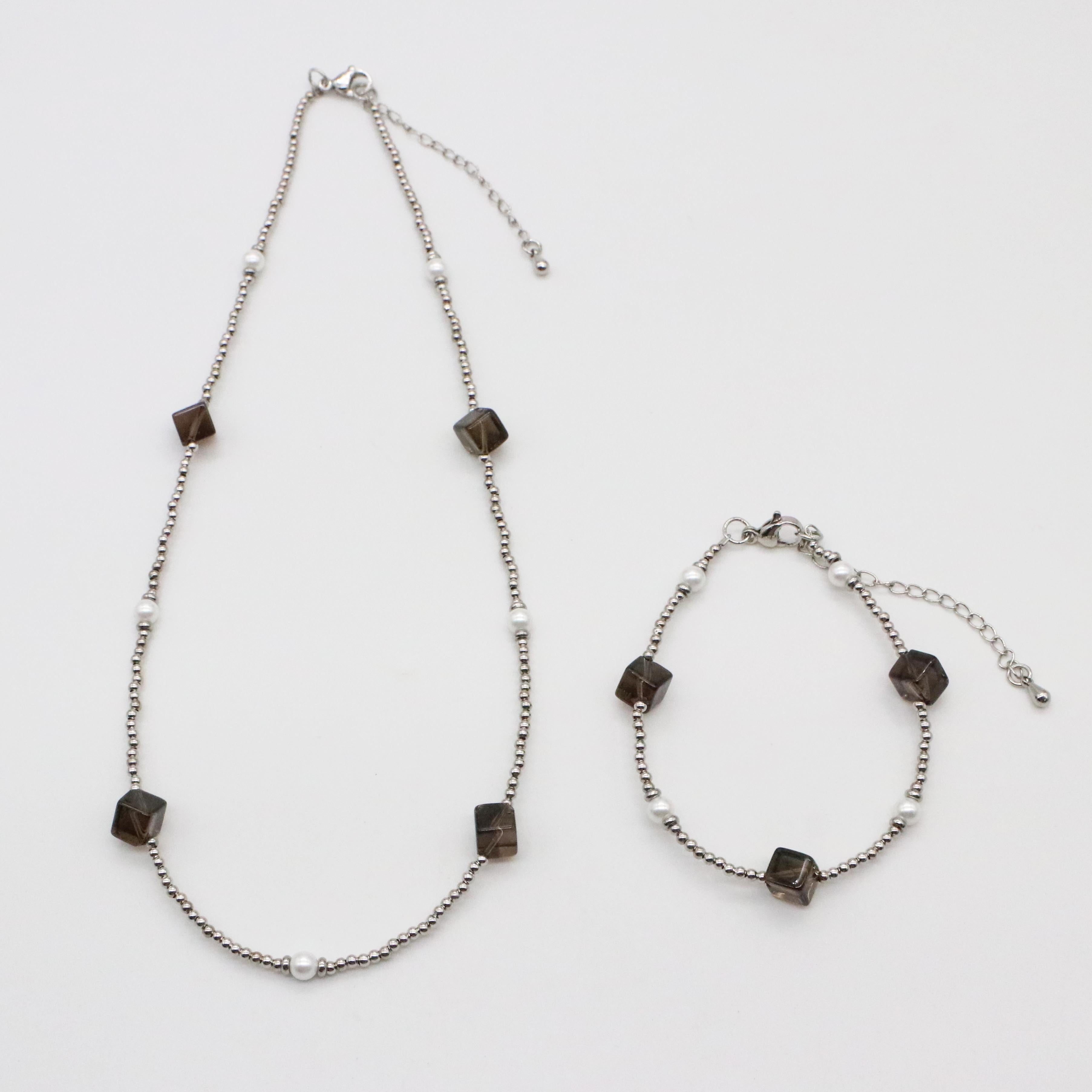 Fashion 6mm Squared Smoky Glass Beads Necklace & Bracelet Set