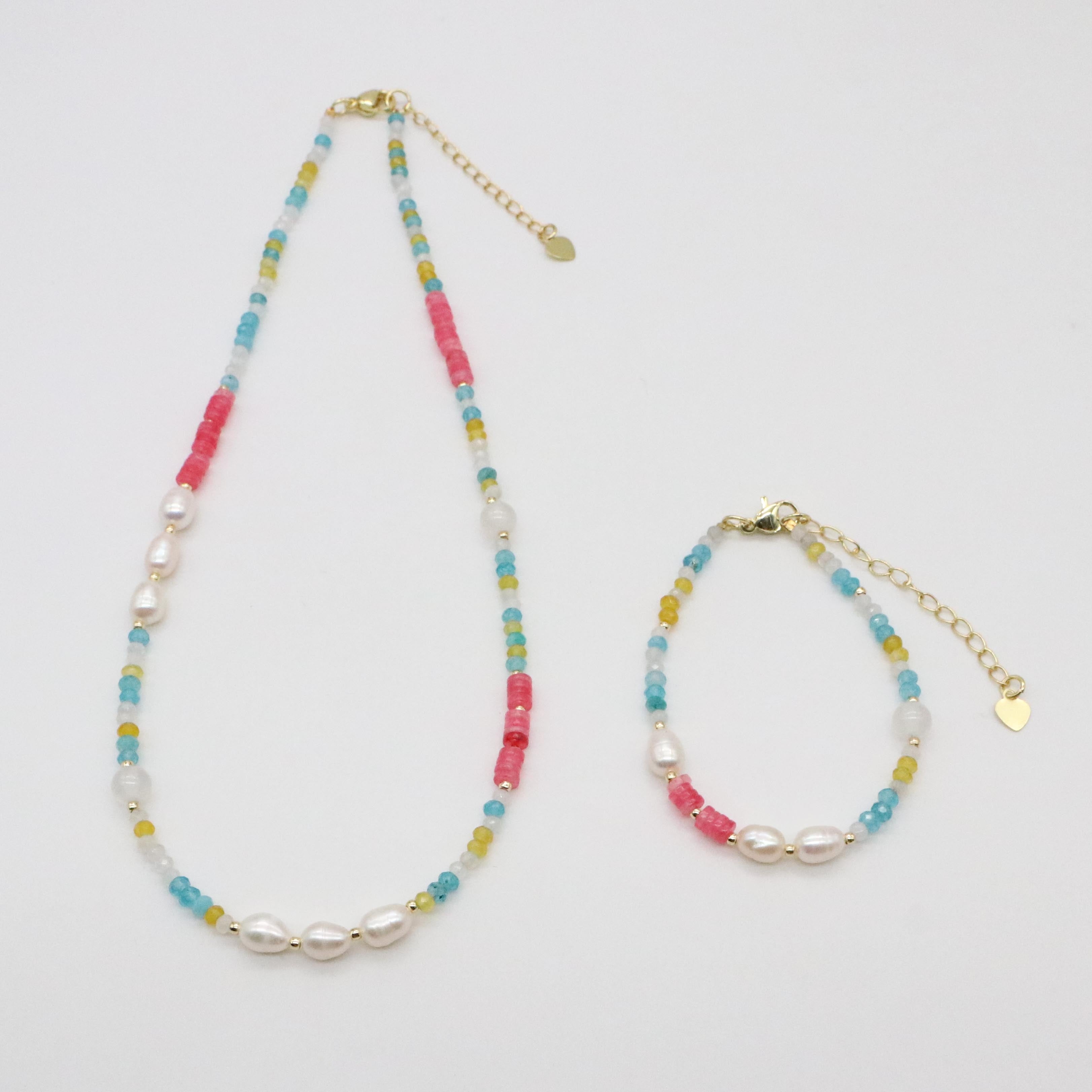 Fashion 8mm Irregular Shaped Pearl And Colourful Jade Necklace & Bracelet Set