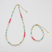 Fashion 8mm Irregular Shaped Pearl And Colourful Jade Necklace & Bracelet Set