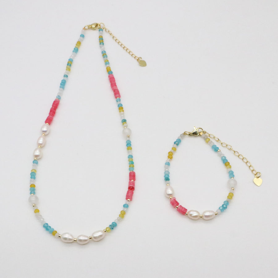 Fashion 8mm Irregular Shaped Pearl And Colourful Jade Necklace & Bracelet Set