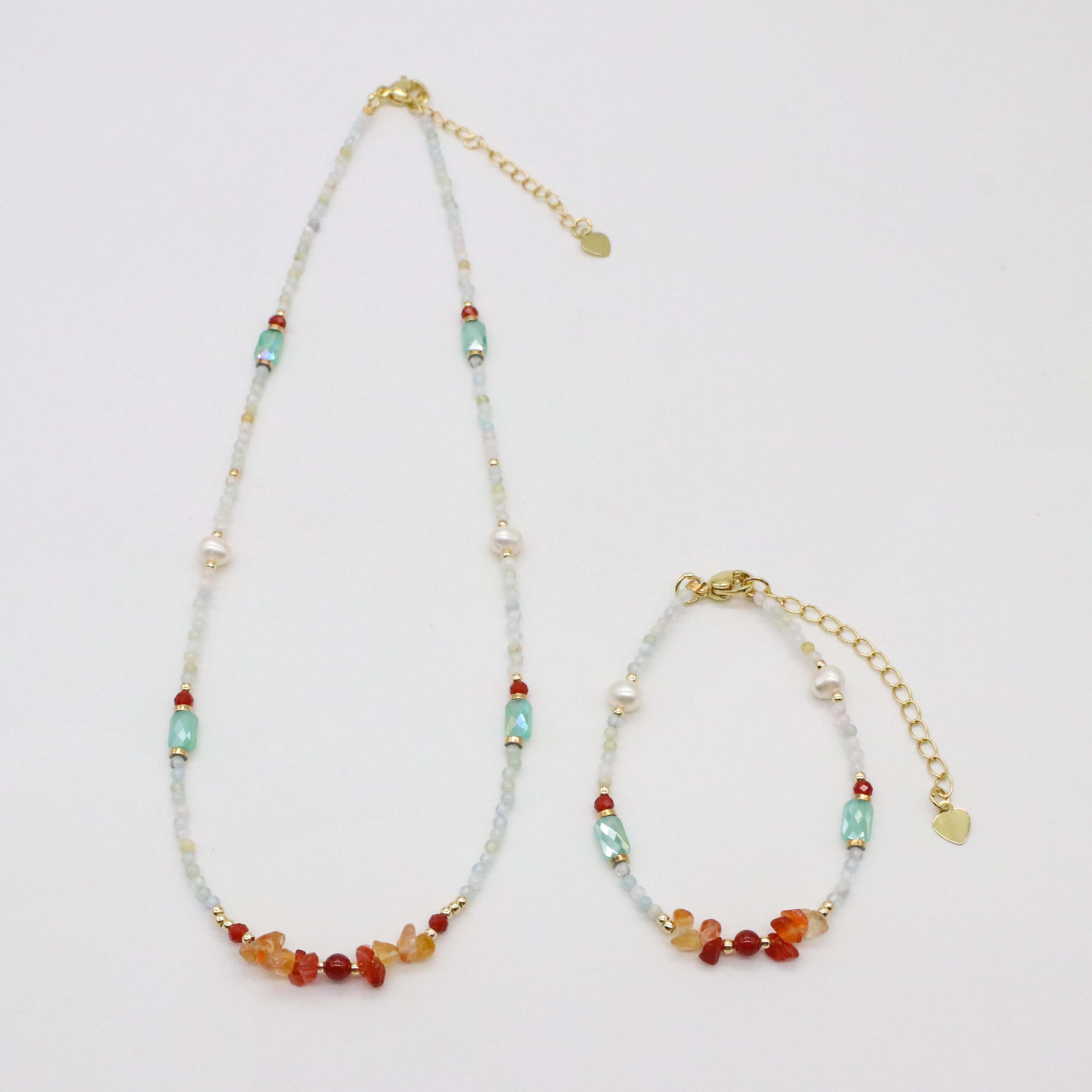 Nice 2mm Morganite Beads And 4-6mm Red Carnelian Chips  Necklace & Bracelet Set