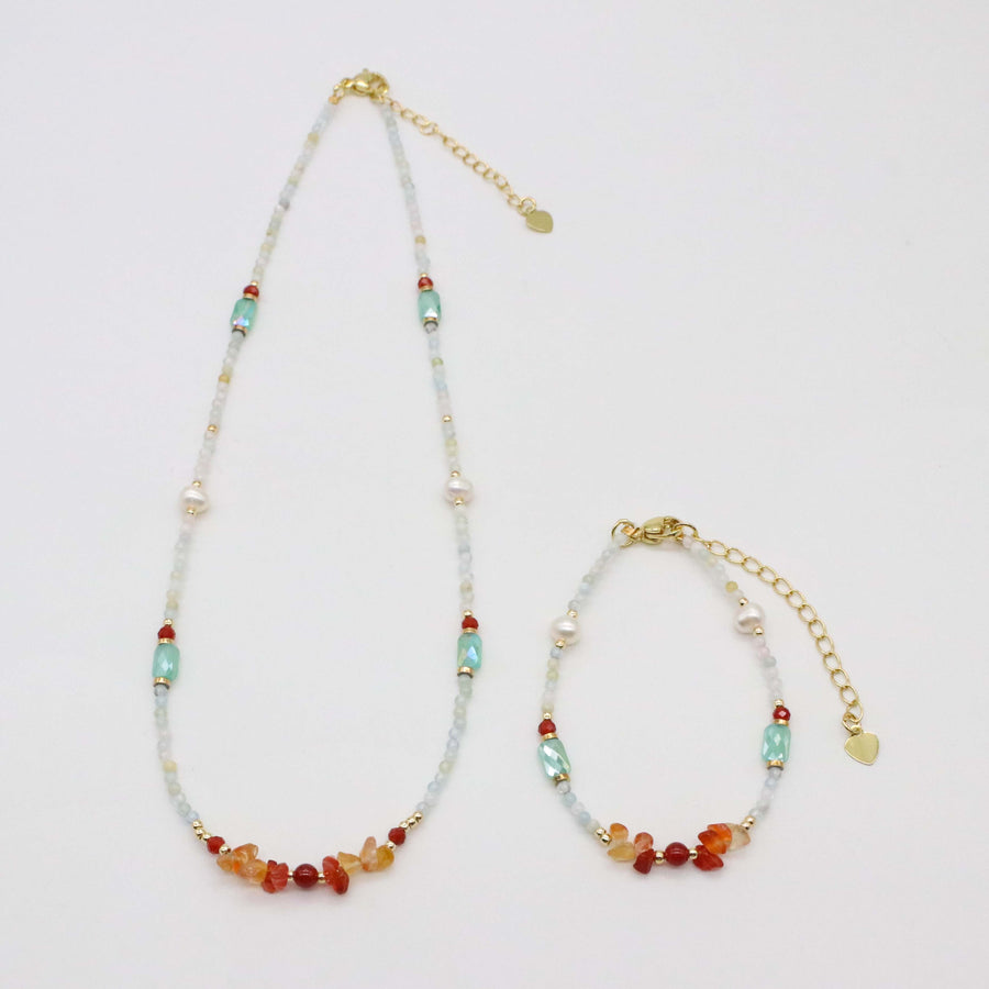 Nice 2mm Morganite Beads And 4-6mm Red Carnelian Chips  Necklace & Bracelet Set