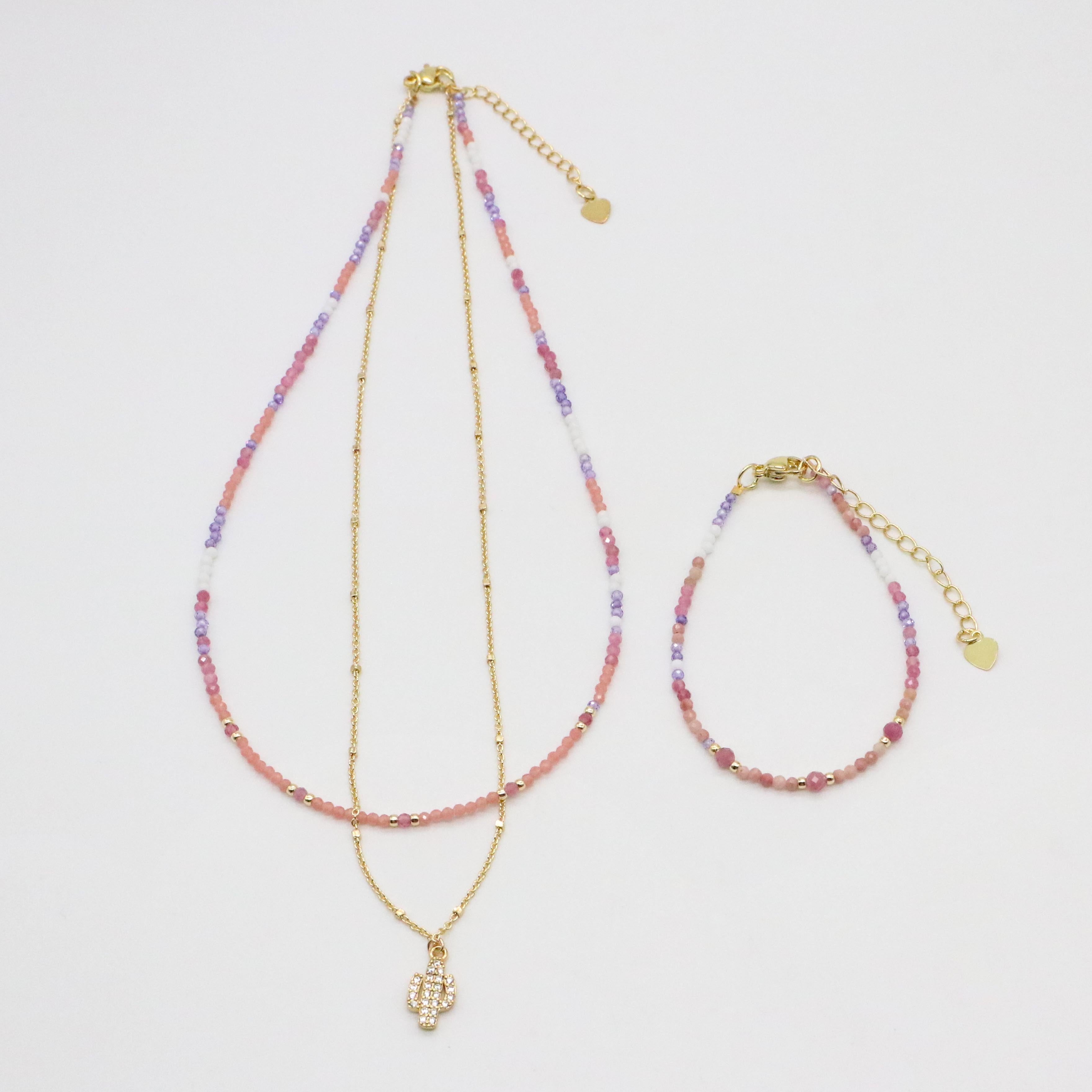 Nice 2mm Faceted Pink Tourmaline With Metal Chain Necklace & Bracelet Set