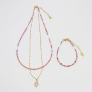 Nice 2mm Faceted Pink Tourmaline With Metal Chain Necklace & Bracelet Set