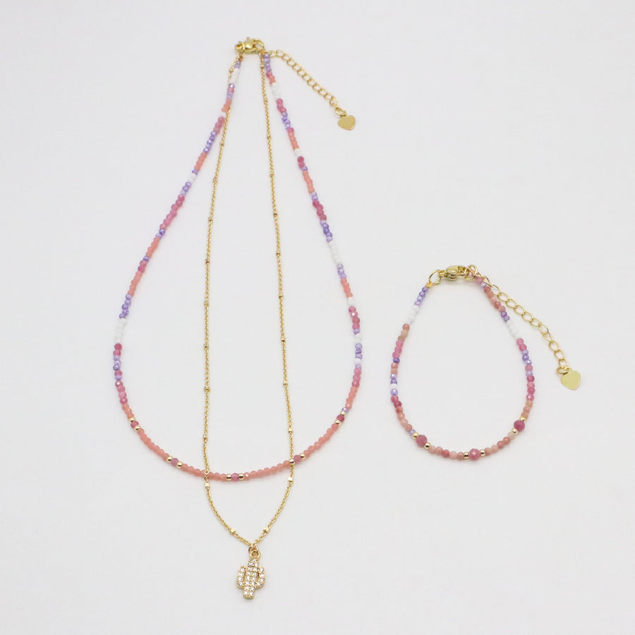 Nice 2mm Faceted Pink Tourmaline With Metal Chain Necklace & Bracelet Set