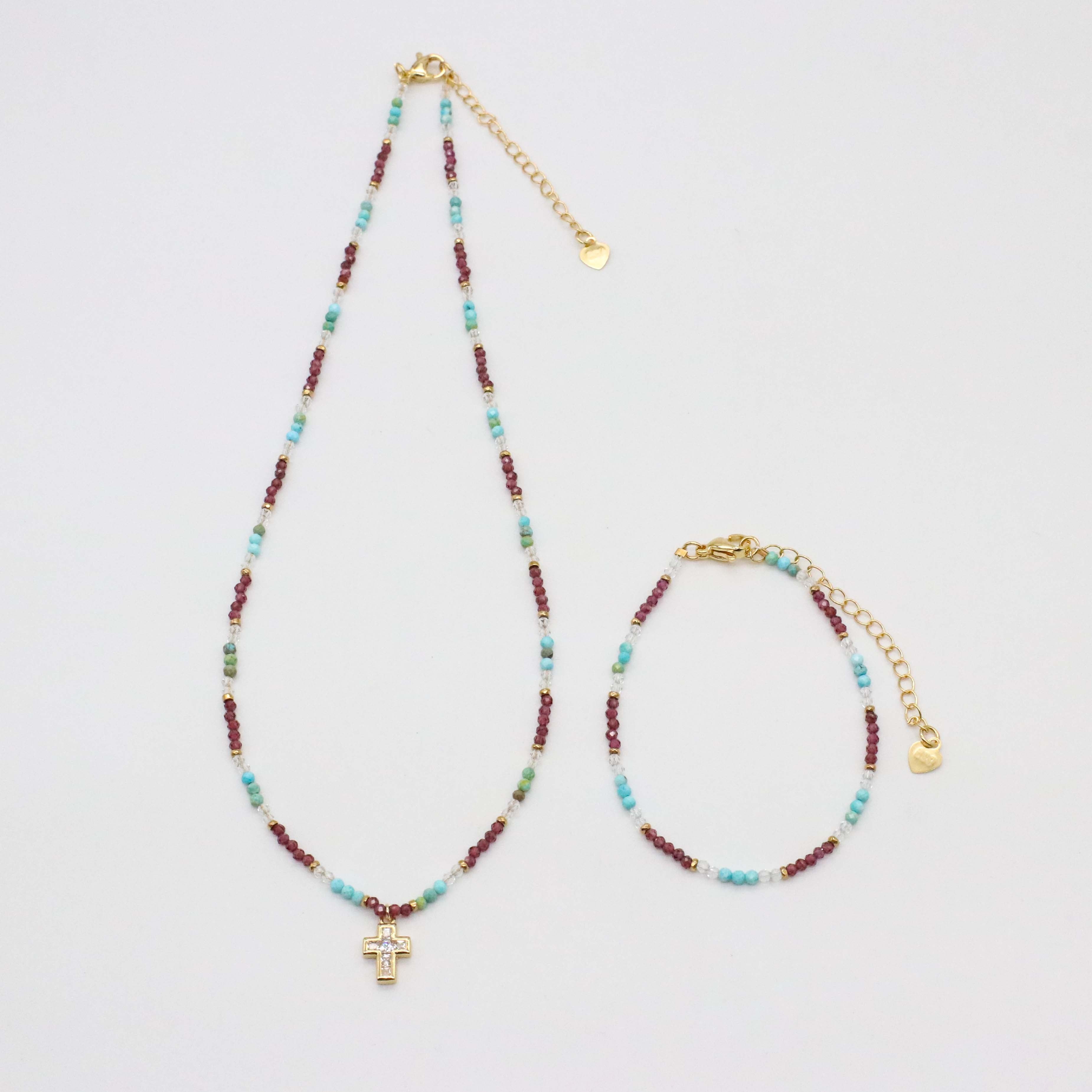 Nice 2mm Faceted Turquoise And Garnet Necklace & Bracelet Set