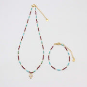 Nice 2mm Faceted Turquoise And Garnet Necklace & Bracelet Set