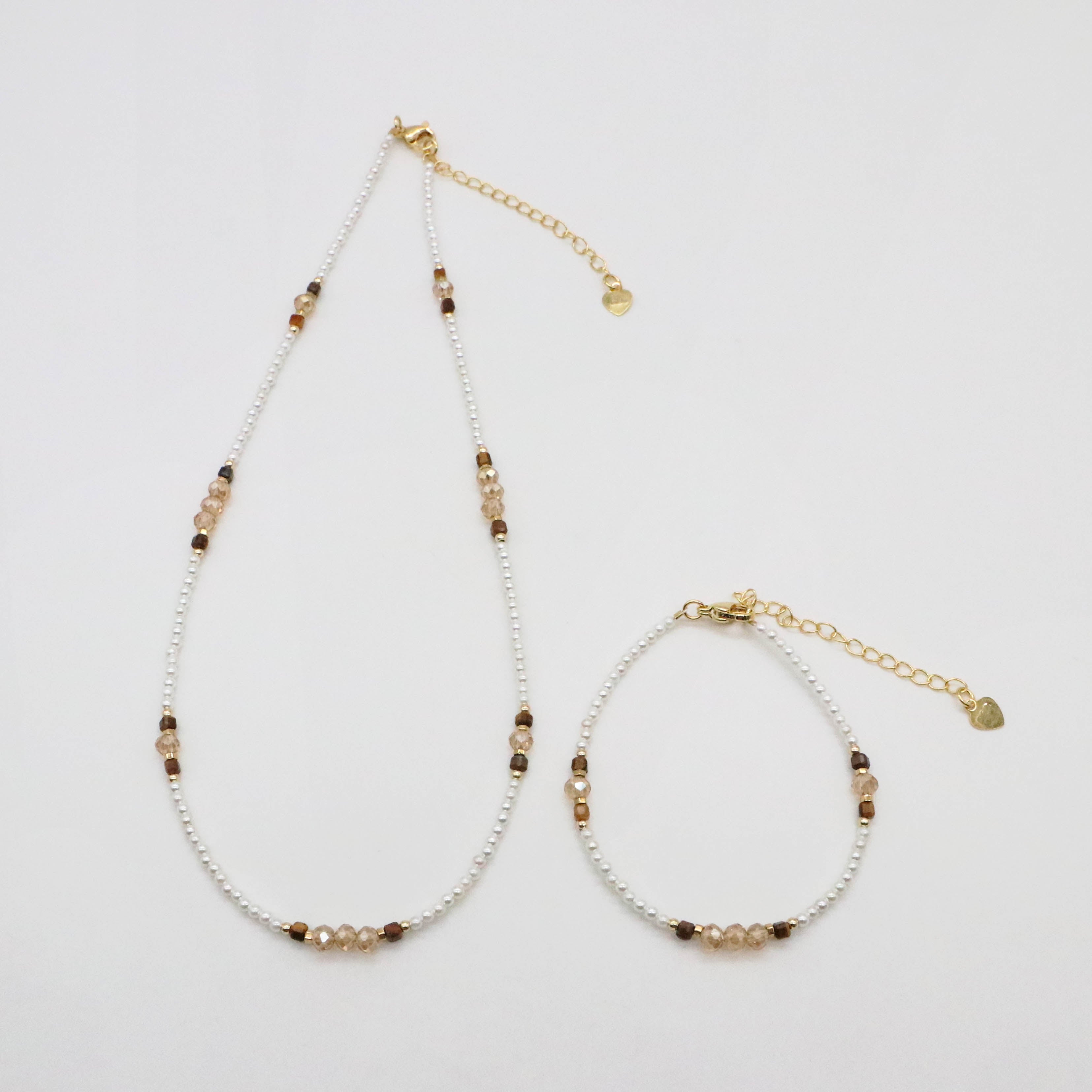 Nice MOP Pearl And Yellow Tiger Eye Beads Necklace & Bracelet Set