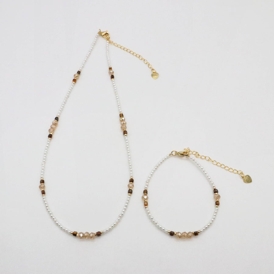 Nice MOP Pearl And Yellow Tiger Eye Beads Necklace & Bracelet Set