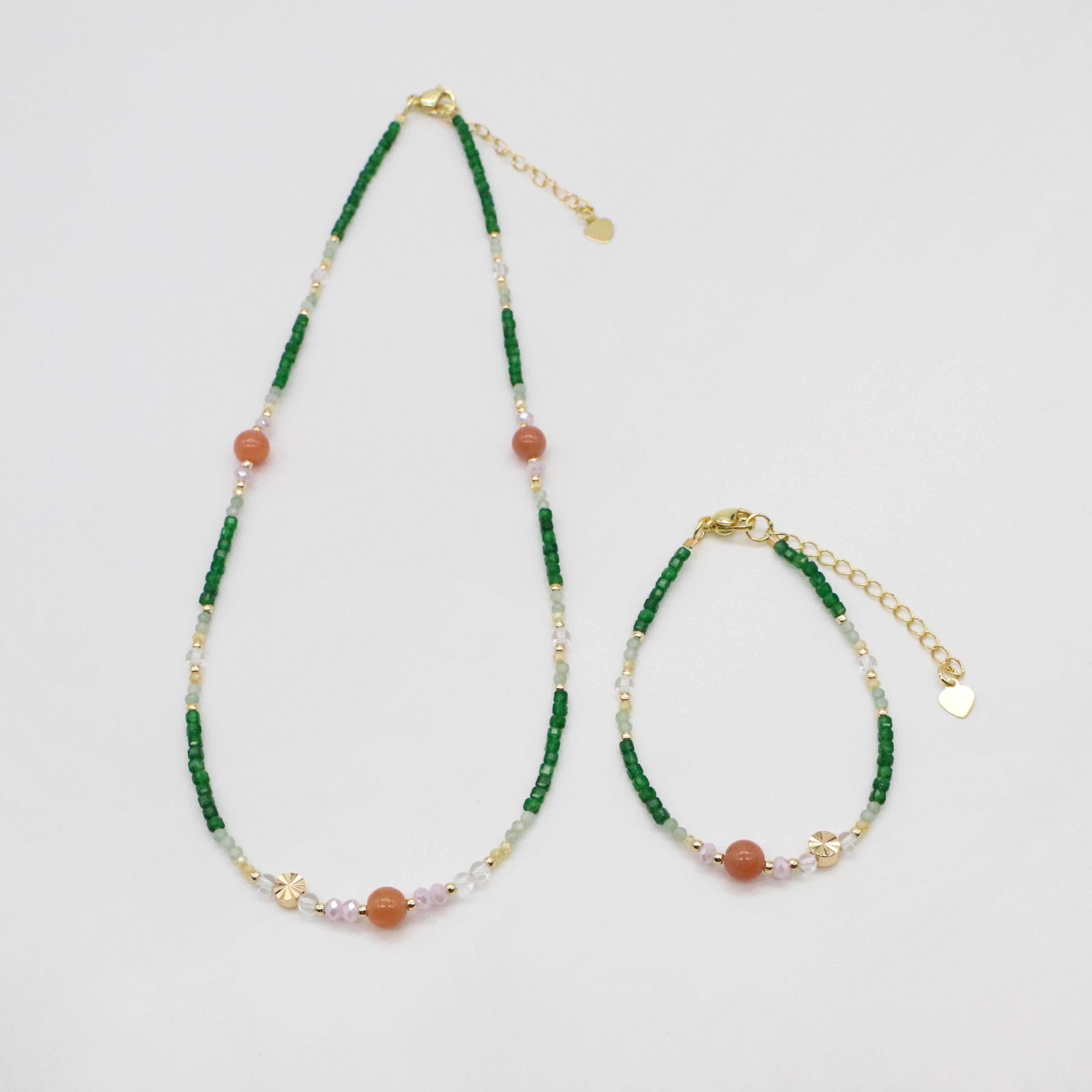 Nice 6mm Sun Stone And 2mm Cubic Green Jade Necklace & Bracelet Set