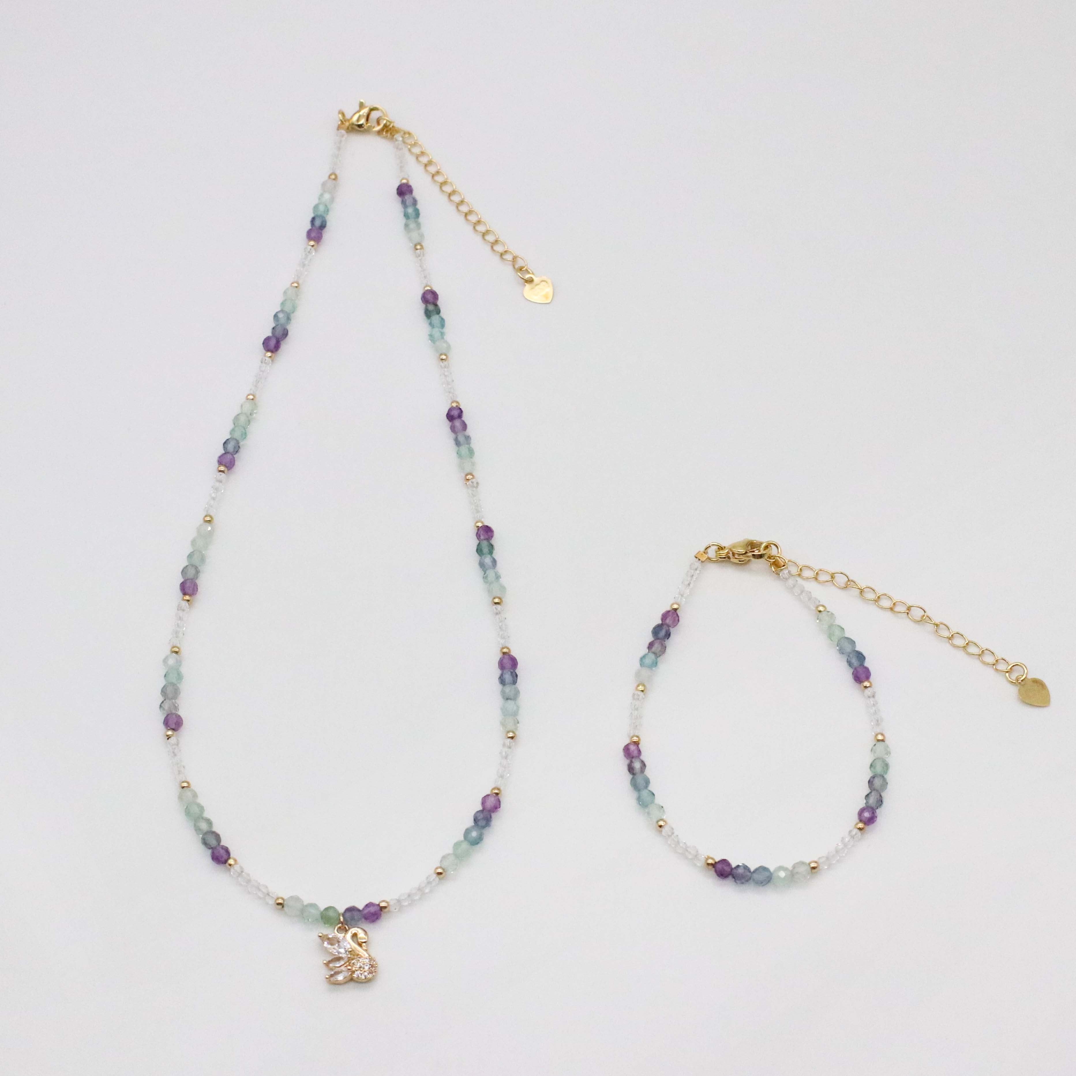 Nice 3mm Faceted Fluorite And 2mm Crystal Beads Necklace & Bracelet Set