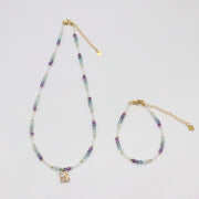 Nice 3mm Faceted Fluorite And 2mm Crystal Beads Necklace & Bracelet Set