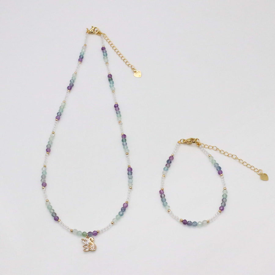Nice 3mm Faceted Fluorite And 2mm Crystal Beads Necklace & Bracelet Set
