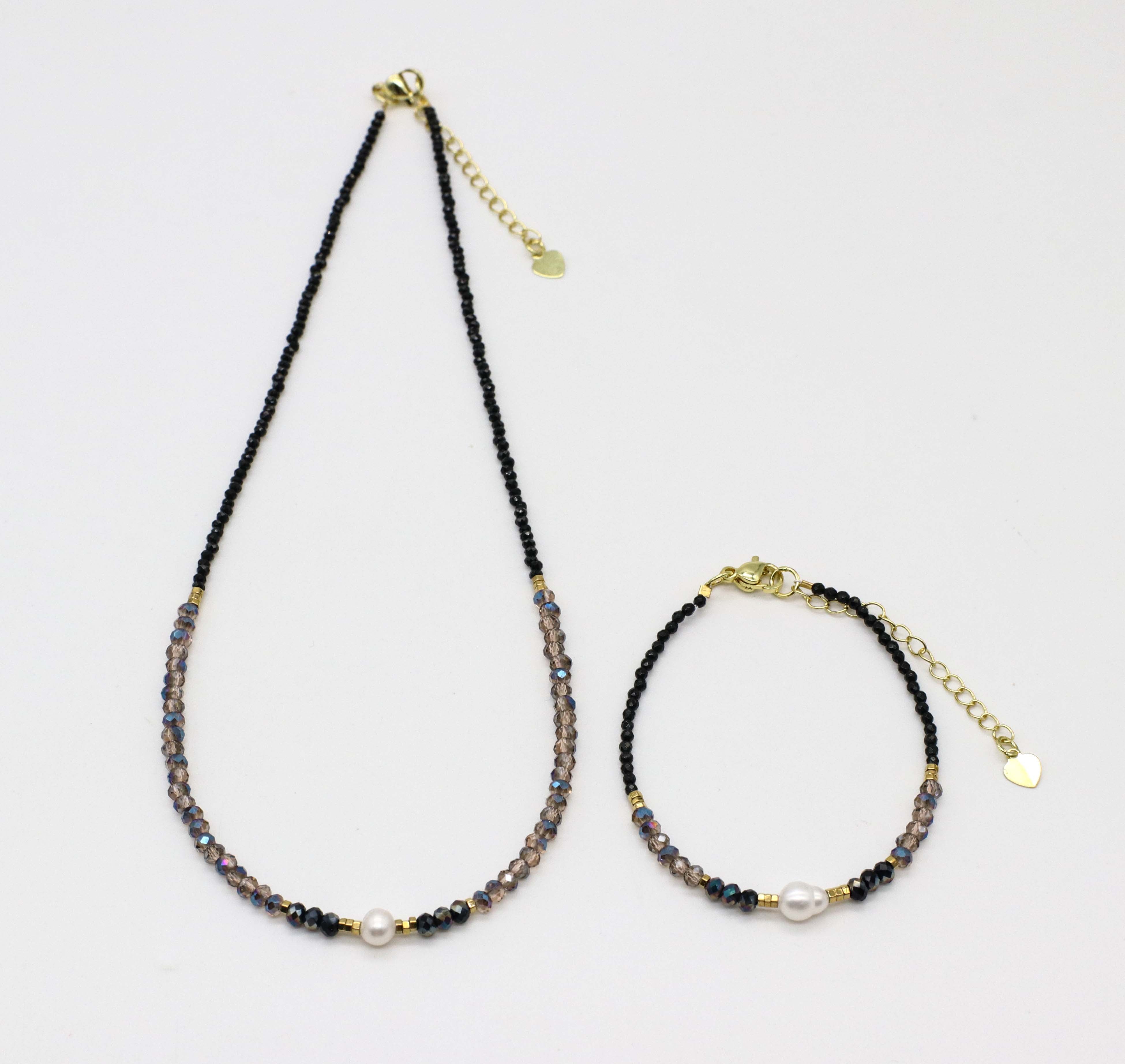 Nice 2mm Faceted Black Spinel With Shiny Crystal Beads Necklace & Bracelet Set