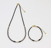 Nice 2mm Faceted Black Spinel With Shiny Crystal Beads Necklace & Bracelet Set