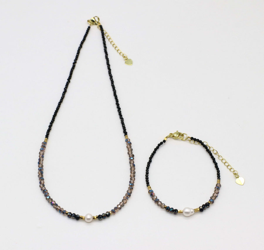 Nice 2mm Faceted Black Spinel With Shiny Crystal Beads Necklace & Bracelet Set