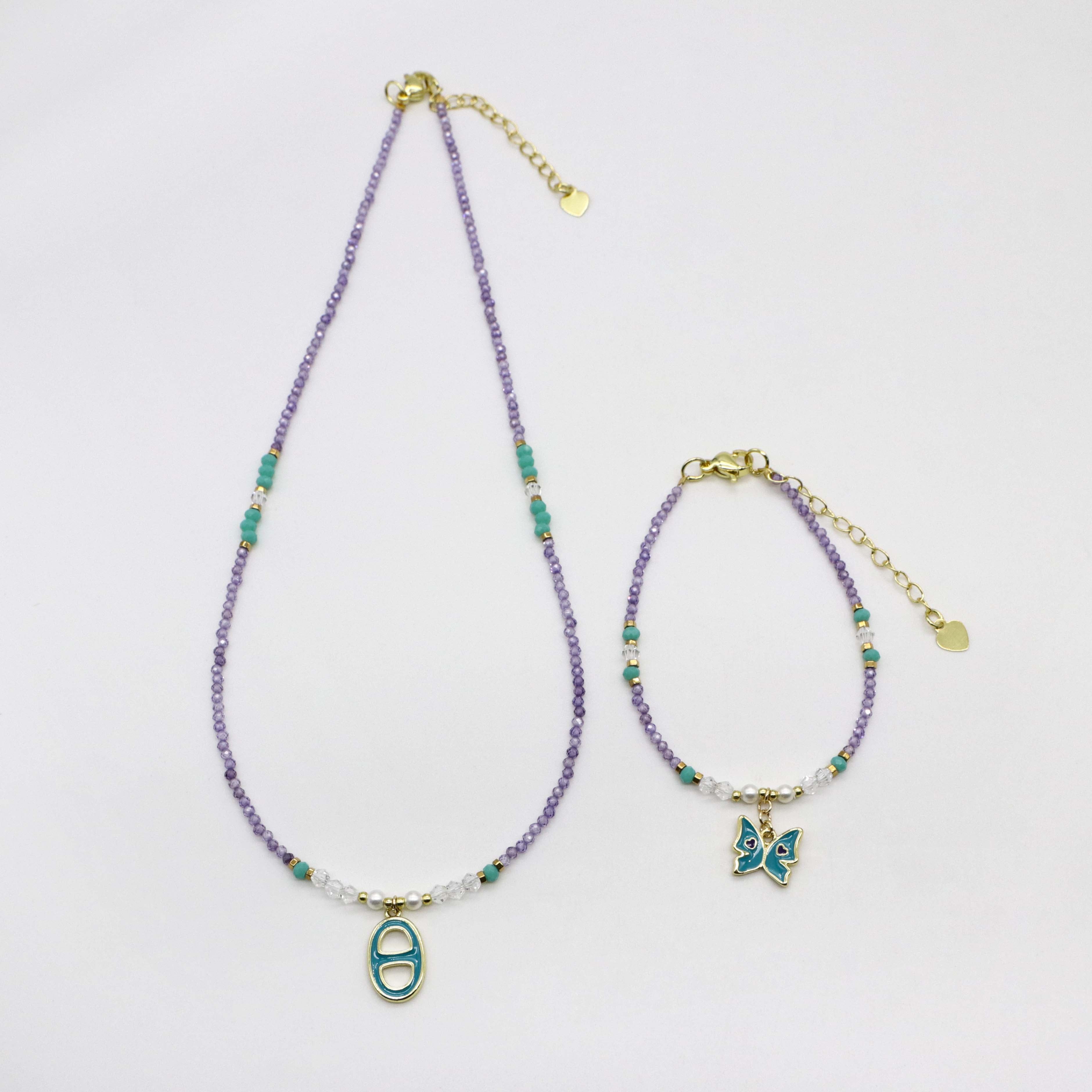 Nice 2mm Faceted Purple Zircon Necklace & Bracelet Set For Spring Summer Style
