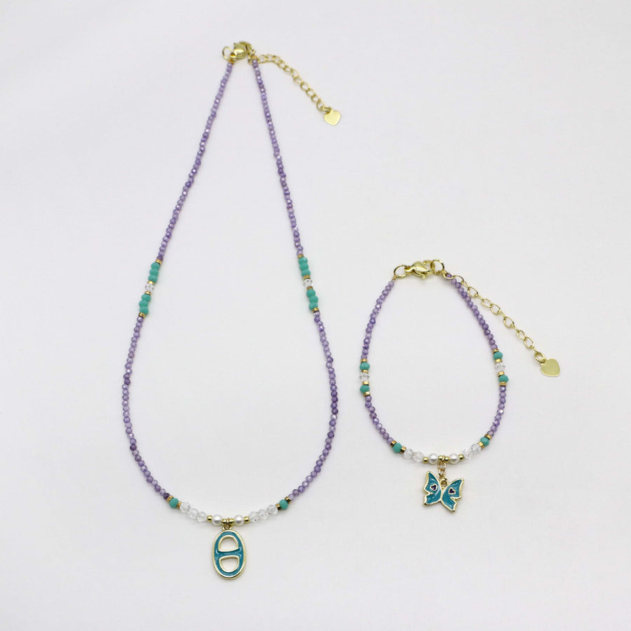 Nice 2mm Faceted Purple Zircon Necklace & Bracelet Set For Spring Summer Style