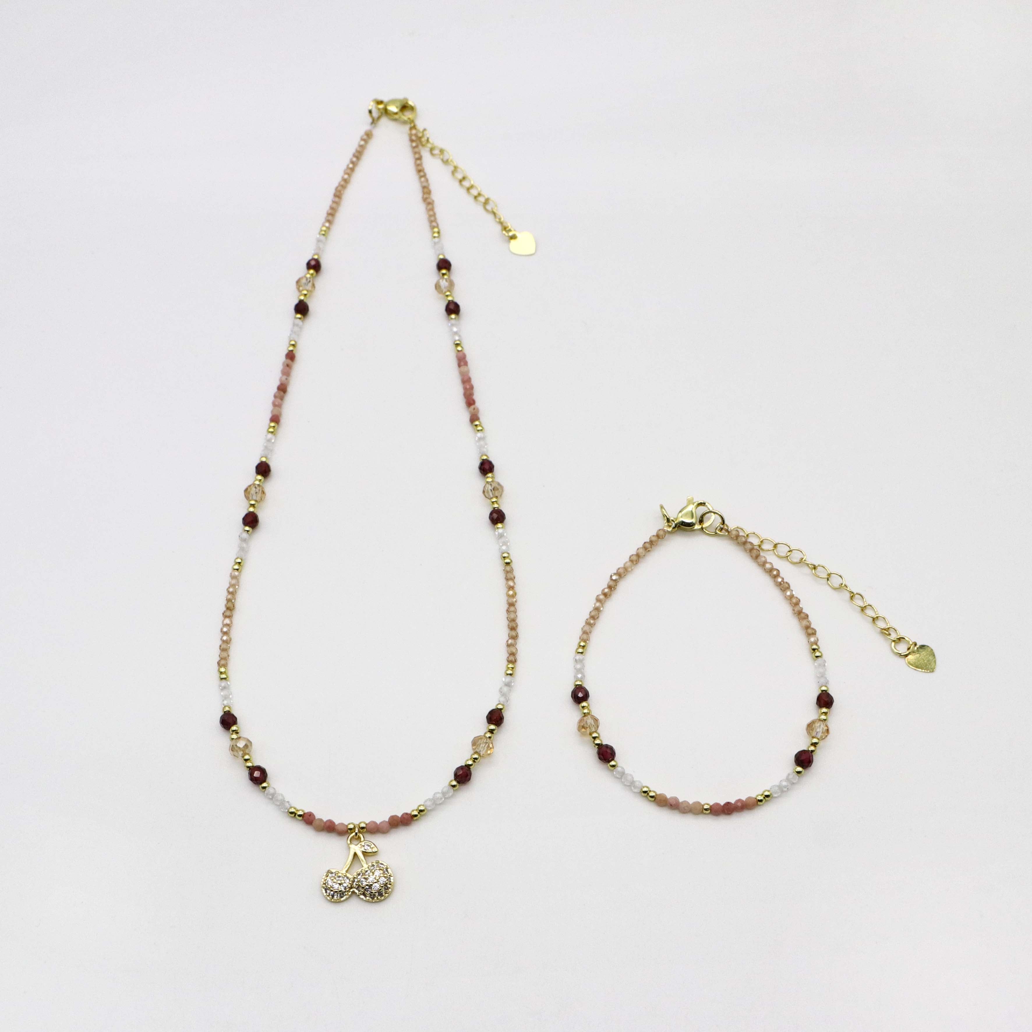 Nice 2mm Faceted Champagne Gold Zircon With Strawberry Pendant Necklace & Bracelet Set