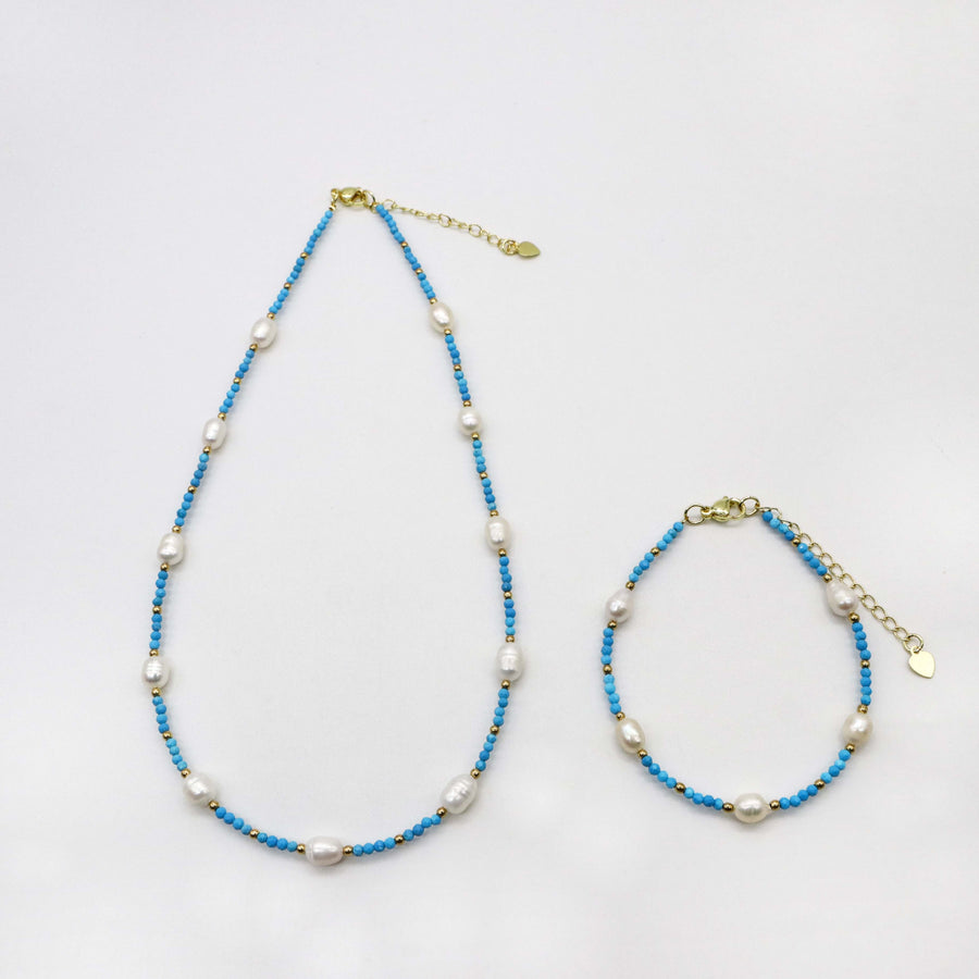 Fantastic Style 2mm Faceted Turquoise Pearls Necklace & Bracelet Set